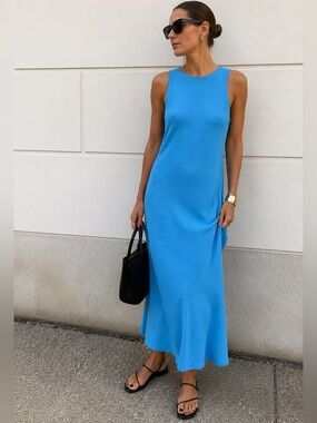 Vintage 90s / Y2K minimalist aqua blue midi-maxi dress by Jessica Howard
